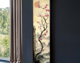 Asian Cherry Blossom Canvas Painting, Japanese Wall Art, Minimalist Nature Print, Zen Floral Artwork, Hallway Art, Vertical Home Decor Gift