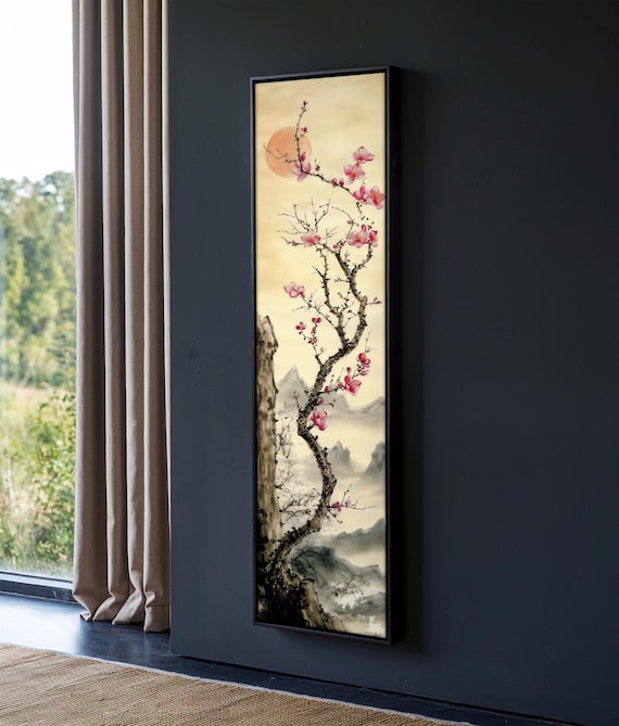 Asian Cherry Blossom Canvas Painting, Japanese Wall Art