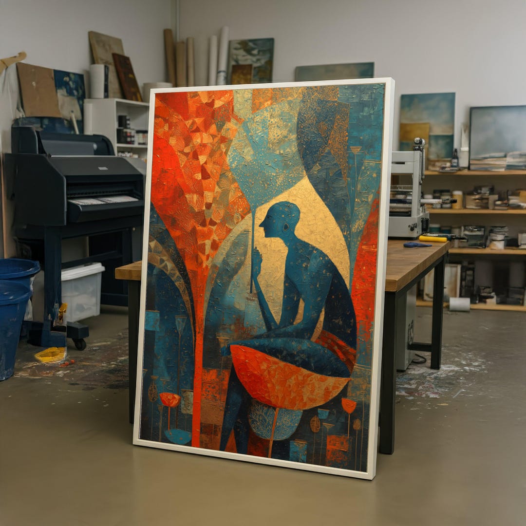Abstract Blue Figure Sitting in Colorful Floral Setting Canvas, Modern ...