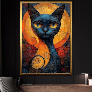 Mystic Blue Cat Canvas Painting – Whimsical Wall Art, Ready to Hang Gift for Cat Lovers