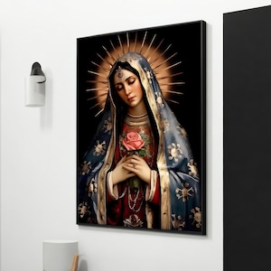Virgin Mary Canvas Art, Sacred Heart Catholic Wall Decor, Religious Artwork, Blessed Mother with Rose, Christian Home Decor, Gift Idea