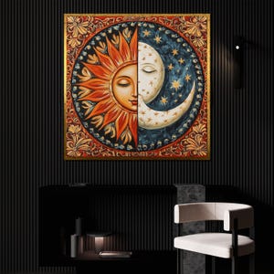 Sun and Moon Face Canvas Painting – Ready to Hang Gift | Celestial Boho Wall Art for Mystical Decor