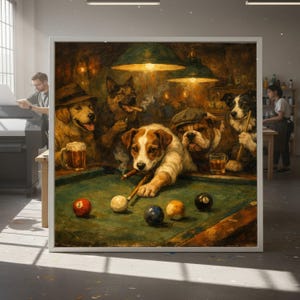 Può includere: Dipinto incorniciato raffigurante cani che giocano a biliardo in un bar buio. I cani, alcuni con sigari e bevande, sono riuniti attorno a un tavolo da biliardo verde con palle numerate. L'opera ha uno stile vintage e pittorico.