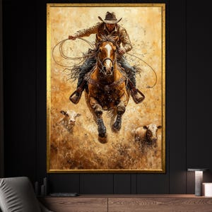 Cowboy Roping Cattle Canvas Painting, Western Wall Art, Rustic Home Decor, Rodeo Cowboy Gift, Wild West Horse Art, Modern Wall Decor
