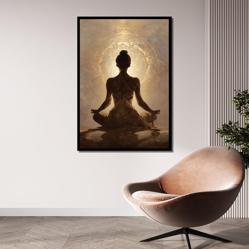May include: A framed art print depicts a person in a seated yoga pose, silhouetted against a golden, circular design. The figure is in a meditative state, with arms outstretched. The artwork is displayed on a white wall.