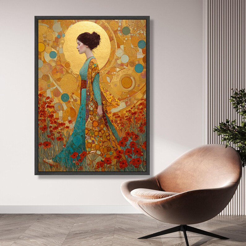 Gustav Klimt Woman in Floral Field Canvas, Golden Art Nouveau Wall Art ...