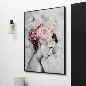 Armonía con flores: pintura de lienzo de mujer elegante, decoración de pared moderna para interiores elegantes, regalo artístico perfecto