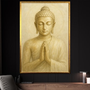 Buddha Canvas Painting with Calm Golden Tones, Serene Zen Wall Art for Meditation Room and Yoga Decor, Peaceful Spiritual Art Gift