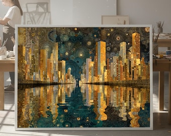 Gustav Klimt Golden Cityscape Canvas, Abstract Urban Reflection Wall Art, Modern Decorative Canvas, Skyline Painting