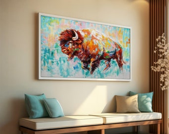 Colorful Bison Canvas Painting, Vibrant Wildlife Art, Abstract Animal Decor, Western Wall Art, Bison Lover Gift, Animal Canvas Painting