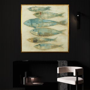 Dipinto astratto di pesce su tela, decorazione murale costiera blu, decorazione per soggiorno, arredamento moderno a tema oceano, arte marina unica, regalo perfetto