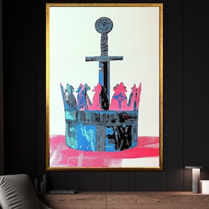 Royal Sword and Crown Canvas Painting, Medieval Wall Art, Gothic Knight Decor, King and Warrior Artwork, Vintage Gift for Him