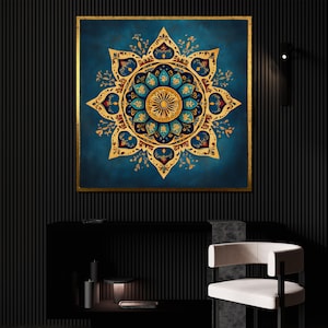 Mandala Canvas Painting, Intricate Blue And Gold Boho Wall Art, Spiritual Sacred Geometry Print With Floral Pattern Design, Zen Gift Idea