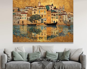 Gustav Klimt Mediterranean Harbor Canvas, Golden Reflection Wall