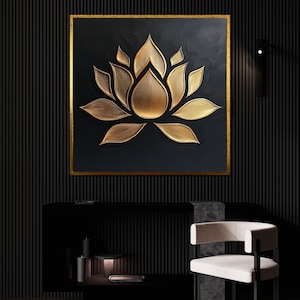 Luxury Gold Lotus Canvas Painting, Black and Gold Zen Wall Art, Elegant Spiritual Decor, Minimalist Floral Artwork, Unique Gift