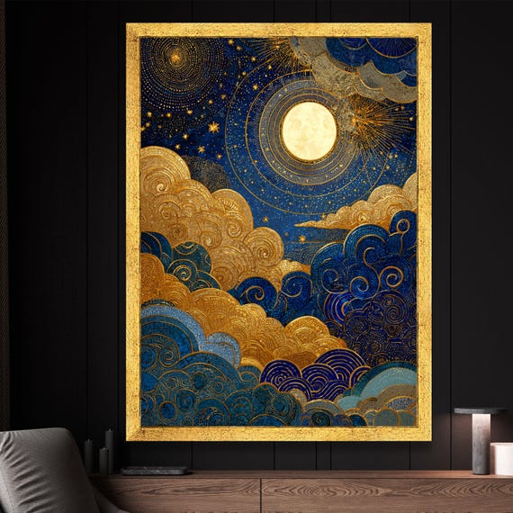 グスタフ・クリムト天空のキャンバス、黄金の月と星の壁アート、装飾的