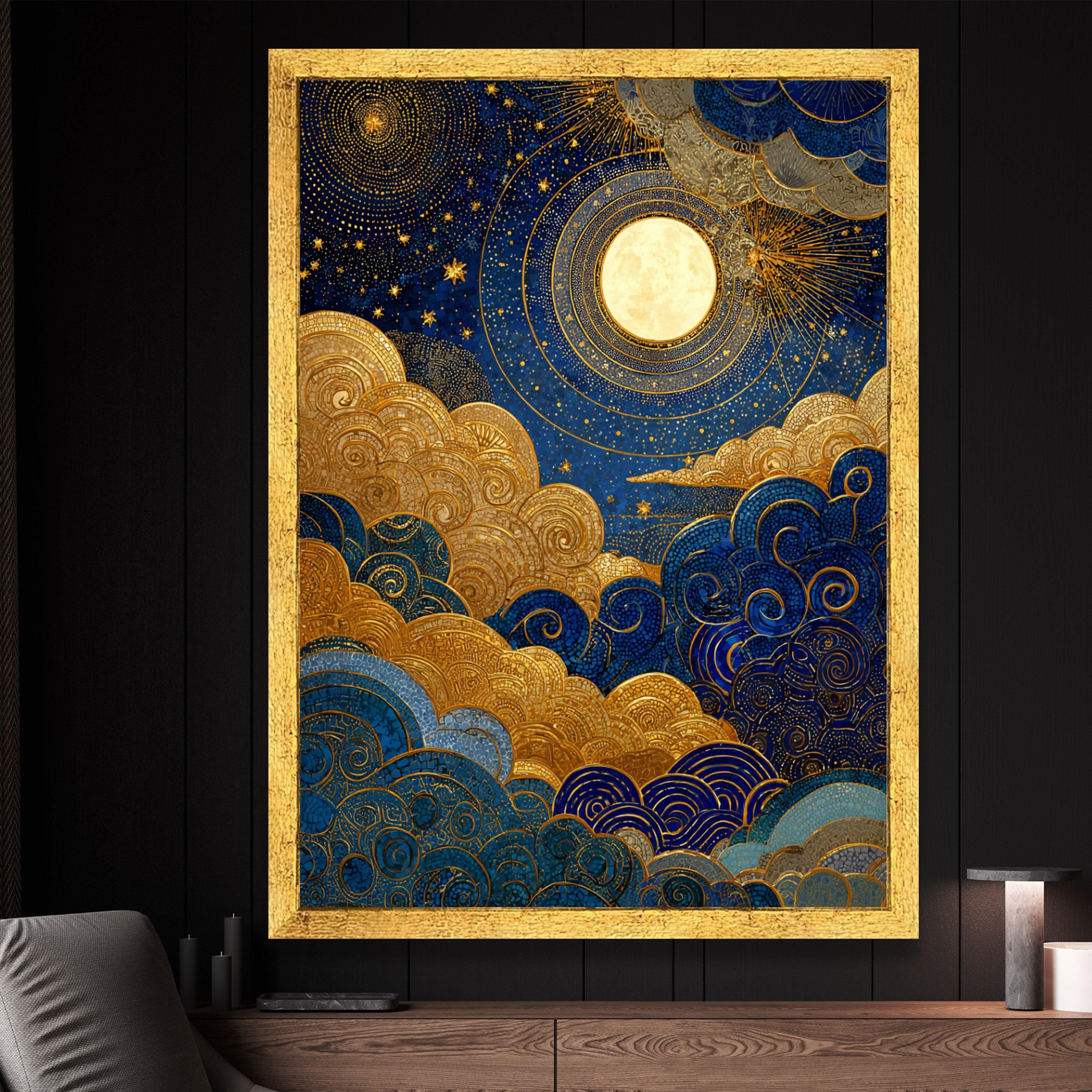 グスタフ・クリムト天空のキャンバス、黄金の月と星の壁アート、装飾的