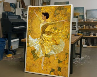Elegant Golden Ballet Dancer Canvas, Gustav Klimt Wall Art, Abstract Mosaic Style, Decorative Home Canvas, Artistic Dance Scene