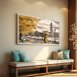 Romantic London Autumn Scene Canvas Painting, Couple under Umbrella Art, Gift for Lovers