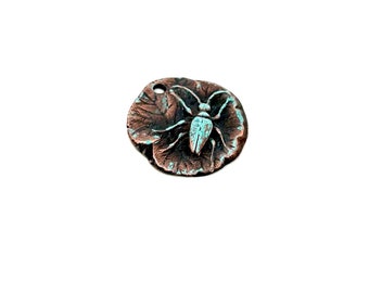 Artisan Copper Charm Pendant, Handmade Lily Pad Bead, Precious Metal Clay