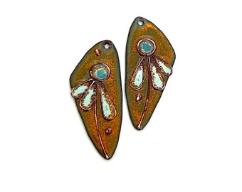 Enameled Earring Charms, Handmade Copper Flower Jewelry Rustic Beads