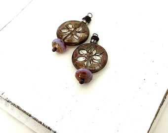 Picasso Czech Glass, Antiqued Copper Coin Bead Handmade Charms