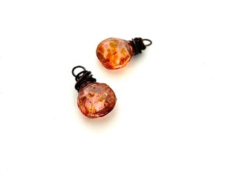 Peach Czech Glass, Wire Wrapped Antiqued Copper Bead Charms