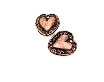 Artisan Copper Charms, Handmade Heart Beads, Precious Metal Clay