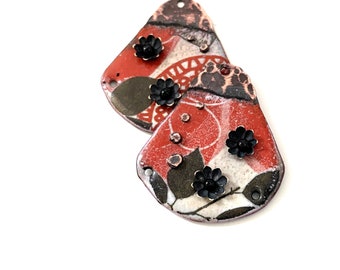 RESERVED FOR SHANA - Artisan Enamel Copper Earring Flower Charms, Handmade Red Jewelry Findings