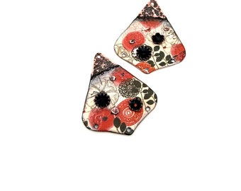 Artisan Enamel Copper Earring Flower Charms, Handmade Red Jewelry Findings