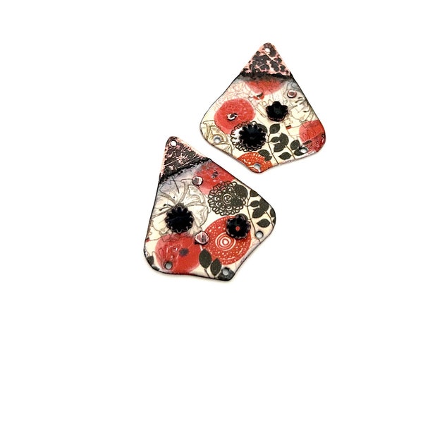 Artisan Enamel Copper Earring Flower Charms, Handmade Red Jewelry Findings