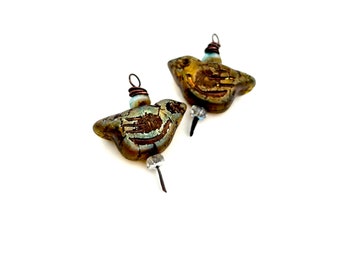 Picasso Czech Glass Antiqued Copper Bird Bead Charms