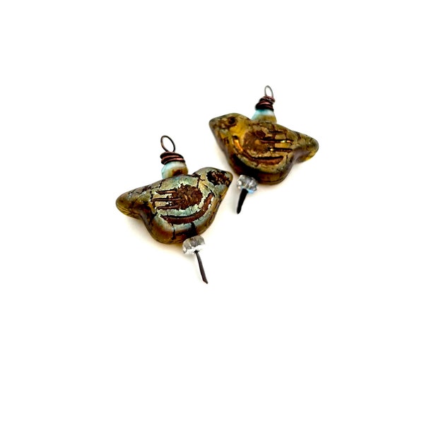 Picasso Czech Glass Antiqued Copper Bird Bead Charms