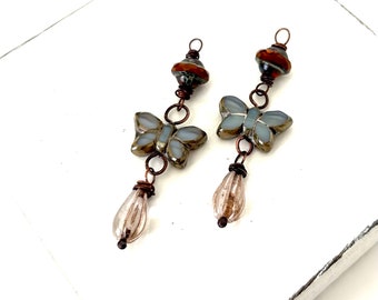 Picasso Czech Glass, Wire Wrapped Antiqued Copper Butterfly Bead Charms