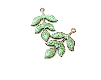 Artisan Enamel Leaf Earring Charms, Handmade Copper Beads