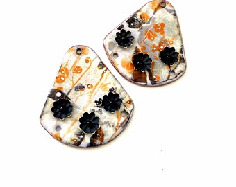 Artisan Enamel Copper Earring Flower Charms, Handmade Jewelry Findings
