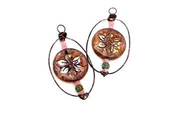 Hand Soldered, Picasso Czech Glass, Antiqued Copper Pink Bead Handmade Charms