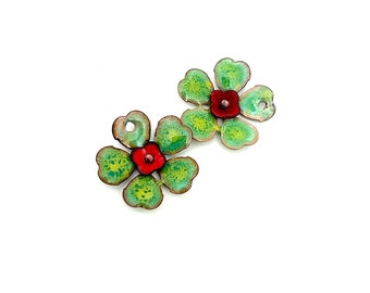 RESERVED FOR VICKY - Enamel Flower Charms, Handmade Copper Jewelry Beads