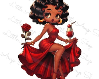 May include: A cartoon illustration of a woman with dark skin, wearing a red dress and red high heels. She is holding a red rose in one hand and a red cocktail in the other.