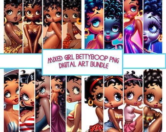 May include: A digital art bundle featuring multiple illustrations of a cartoon woman with dark skin and curly black hair. The images showcase the woman in various poses and outfits, with vibrant colours and detailed artwork. The text "MIXED GIRL BETTYBOOP PNG DIGITAL ART BUNDLE" is also visible.