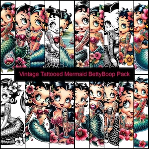 Sirena tatuada de Baddie vintage, arte digital, paquete PNG, hermosa Betty Boop para tarjetas, álbumes de recortes, pegatinas, camisetas, vasos