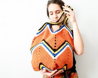 Wool, Cotton & Acrylic Chevron Market Tote, Black Blue Orange Yellow White, Reusable Bag, Farmers Market Crochet, Chunky Knit, World Market