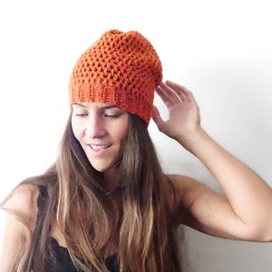 ORANGE GROVE MESH Beanie | Crocheted Beanie 100% Wool, Burnt Orange Winter Hat, Slouchy Crocheted Tam, Handmade Hat