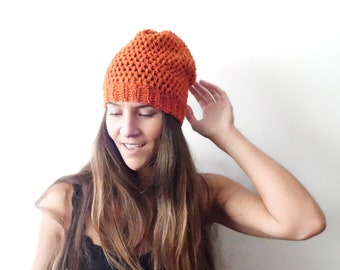 ORANGE GROVE MESH Beanie | Crocheted Beanie 100% Wool, Burnt Orange Winter Hat, Slouchy Crocheted Tam, Handmade Hat