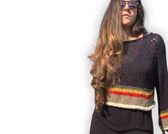 RASTA CROP TOP | Slouchy Crop Top, Hand Knit Sweater, Handmade Flow Top, Oversized Fits Small to Medium, Trendy Knits