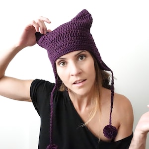 Purple Pussyhat project / Cosplay Pussycat / Planned Parenthood / Runaways / Cat Hat / Crochet with Earflaps Poms / Cute gift for mom