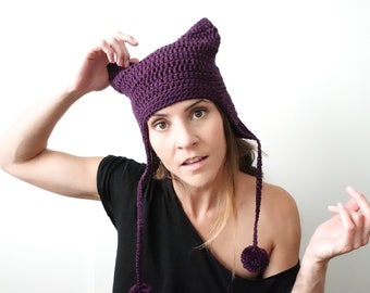 Purple Pussyhat project / Cosplay Pussycat / Planned Parenthood / Runaways / Cat Hat / Crochet with Earflaps Poms / Cute gift for mom