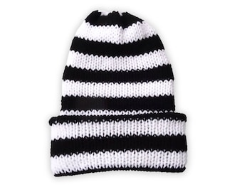 Black & White Striped Stocking Knit Beanie | Slouchy, Cuffed, or Fitted | Cozy Winter Accessory | Handmade Hat | Gothic Punk Gift