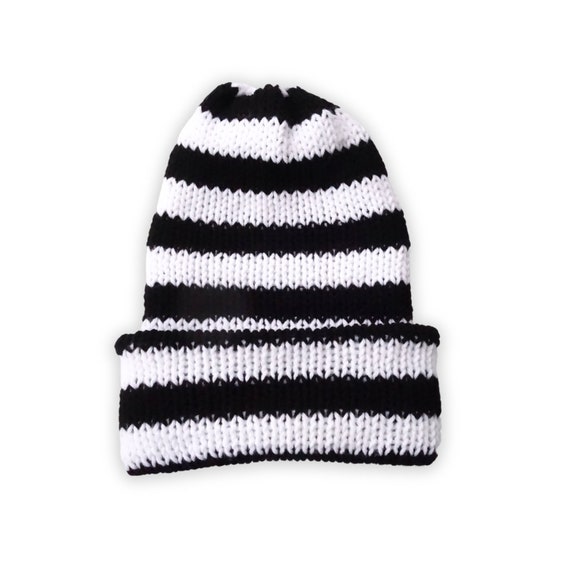 Black & White Striped Stocking Knit Beanie | Slouchy, Cuffed  display picture 3