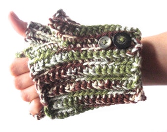 Shades of Green, Crochet Fingerless Gloves, mens wool gloves, arm warmers for women, Chunky Wool merino yarn